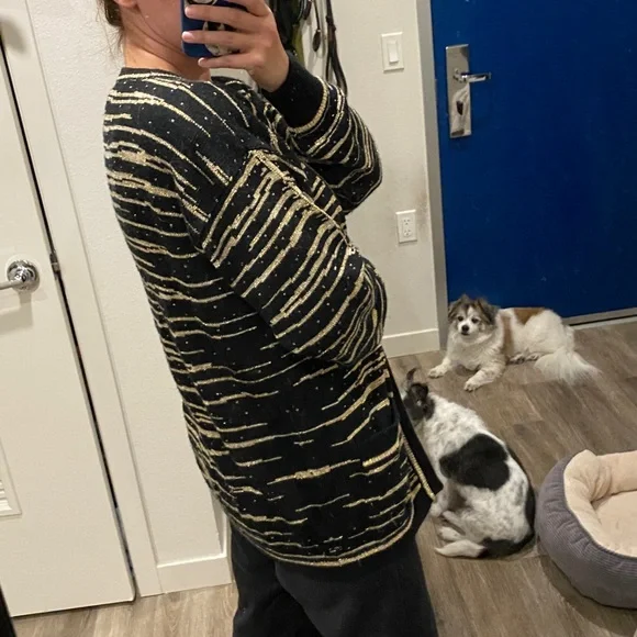 Vintage 90s JJ Browne cardigan grandpa sweater black gold metallic stripes large - Picture 8 of 8